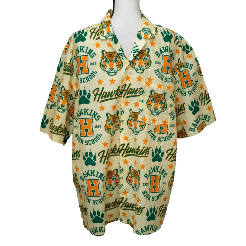 Stranger Things Hawkins High School Tiger Button Up Shirt Retro Men's Large